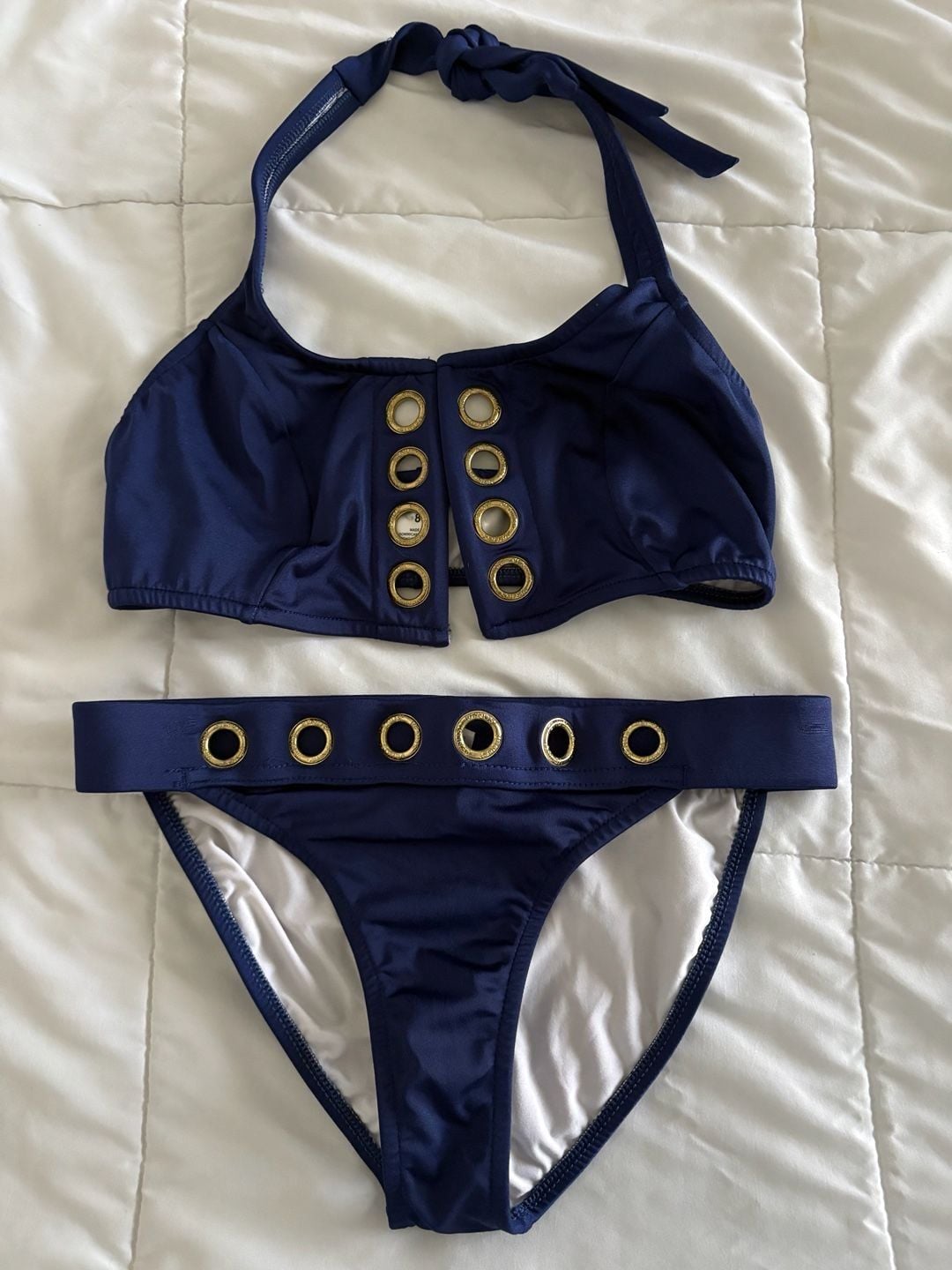 Venus Navy Blue Grommet Bikini Set, Gold Hardware, Swimsuit - Size 8 1