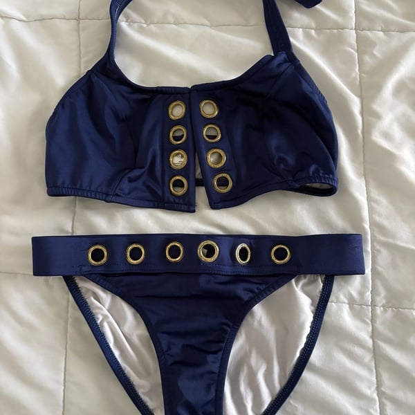 Venus Navy Blue Grommet Bikini Set, Gold Hardware, Swimsuit - Size 8