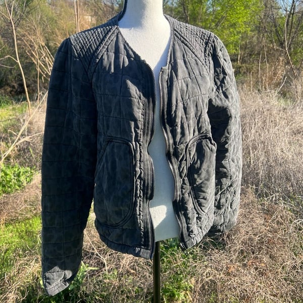BlankNYC Quilted Leopard Print Acid Wash Bomber Jacket