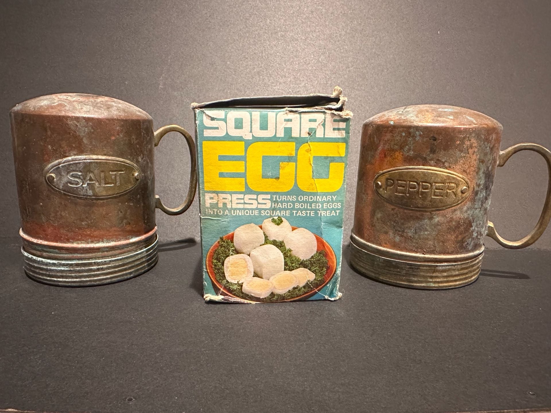 Vintage Square Egg Press Maker and Rustic Copper Salt & Pepper Shakers Set 1