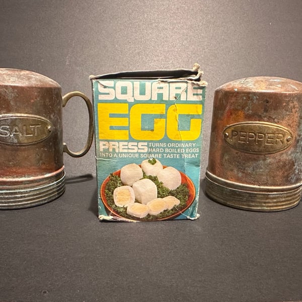Vintage Square Egg Press Maker and Rustic Copper Salt & Pepper Shakers Set