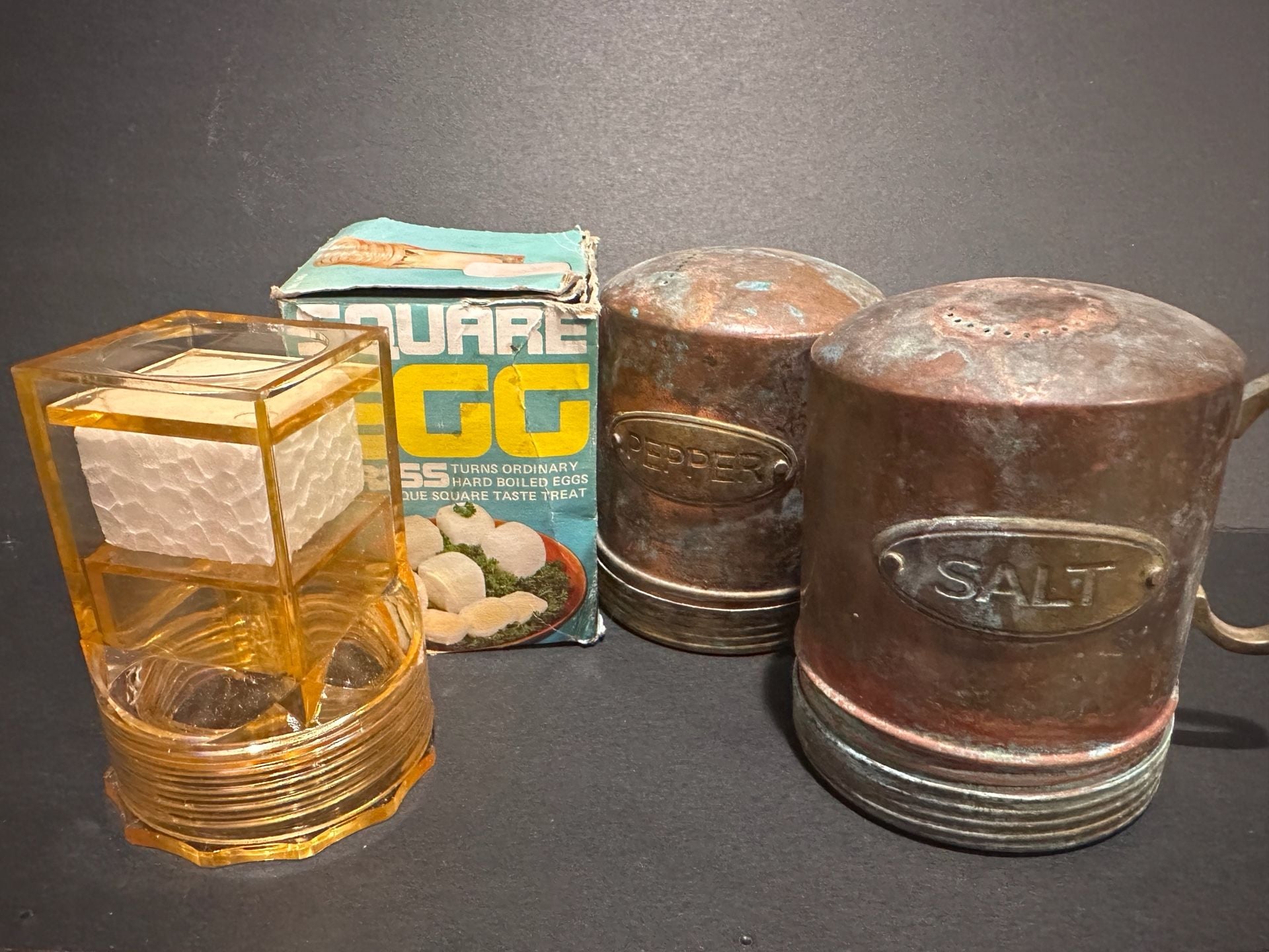 Vintage Square Egg Press Maker and Rustic Copper Salt & Pepper Shakers Set 2