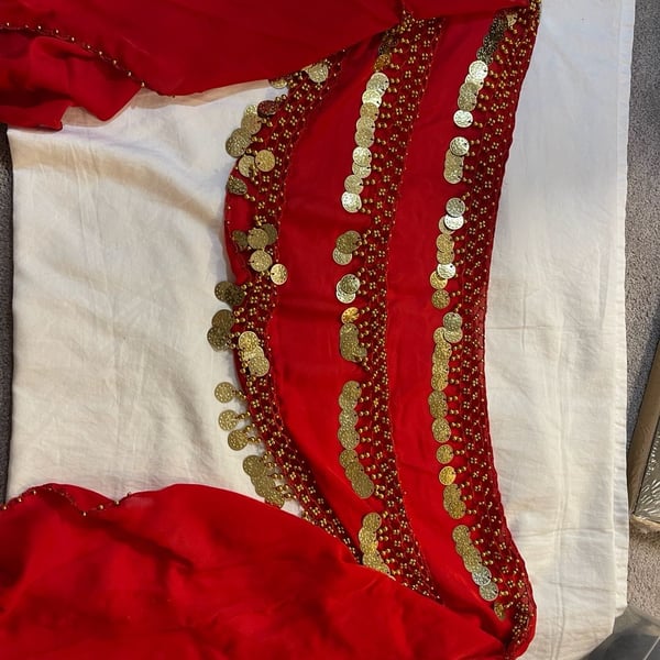 Red Chiffon Belly Dance Hip Scarf with Three Rows of Gold Coins