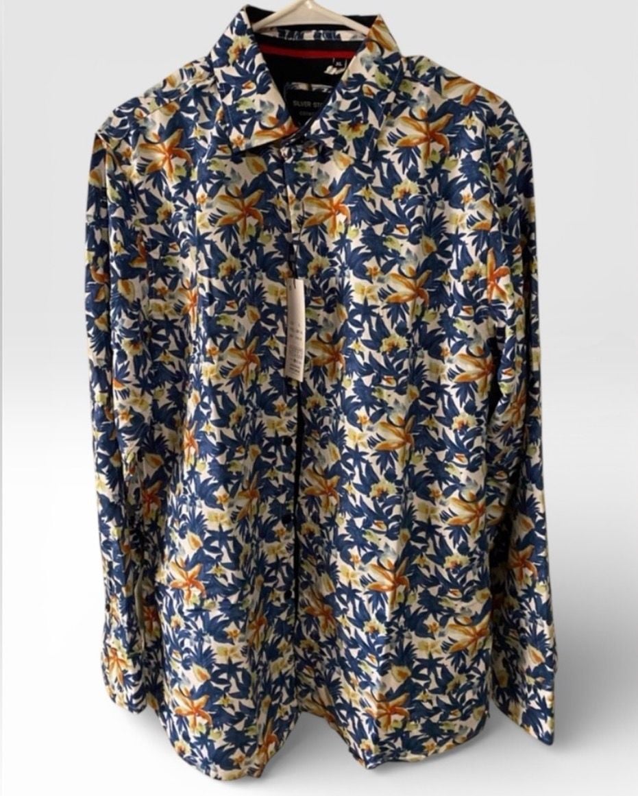 Silver Stone Collection Men's Navy and Orange Floral Long Sleeve Button Down Shirt 2