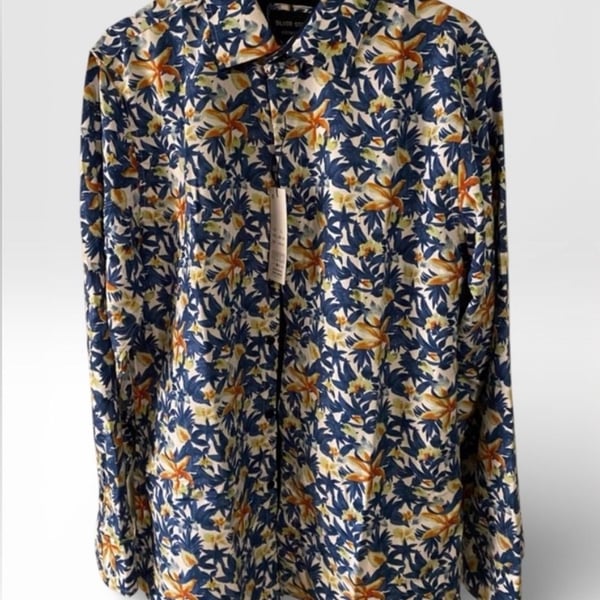 Silver Stone Collection Men's Navy and Orange Floral Long Sleeve Button Down Shirt