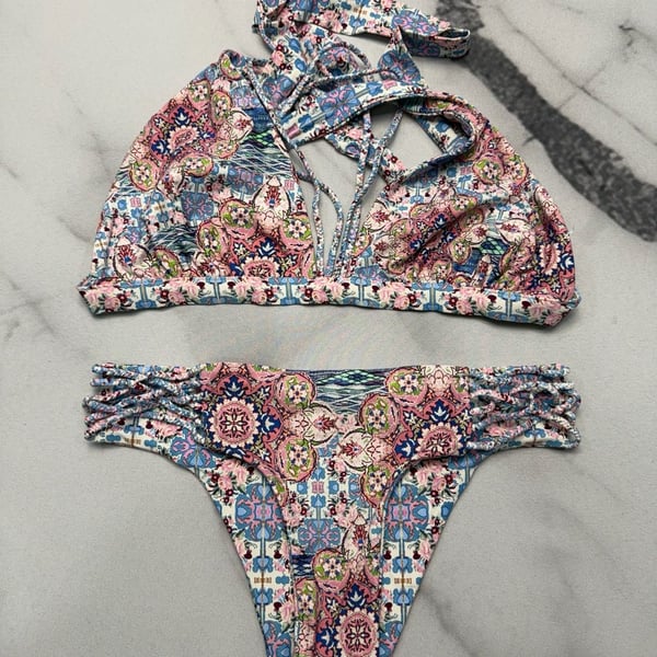 Luli Fama Azucar Reversible Halter Bikini Top and Braided Cut Out Bottom Set