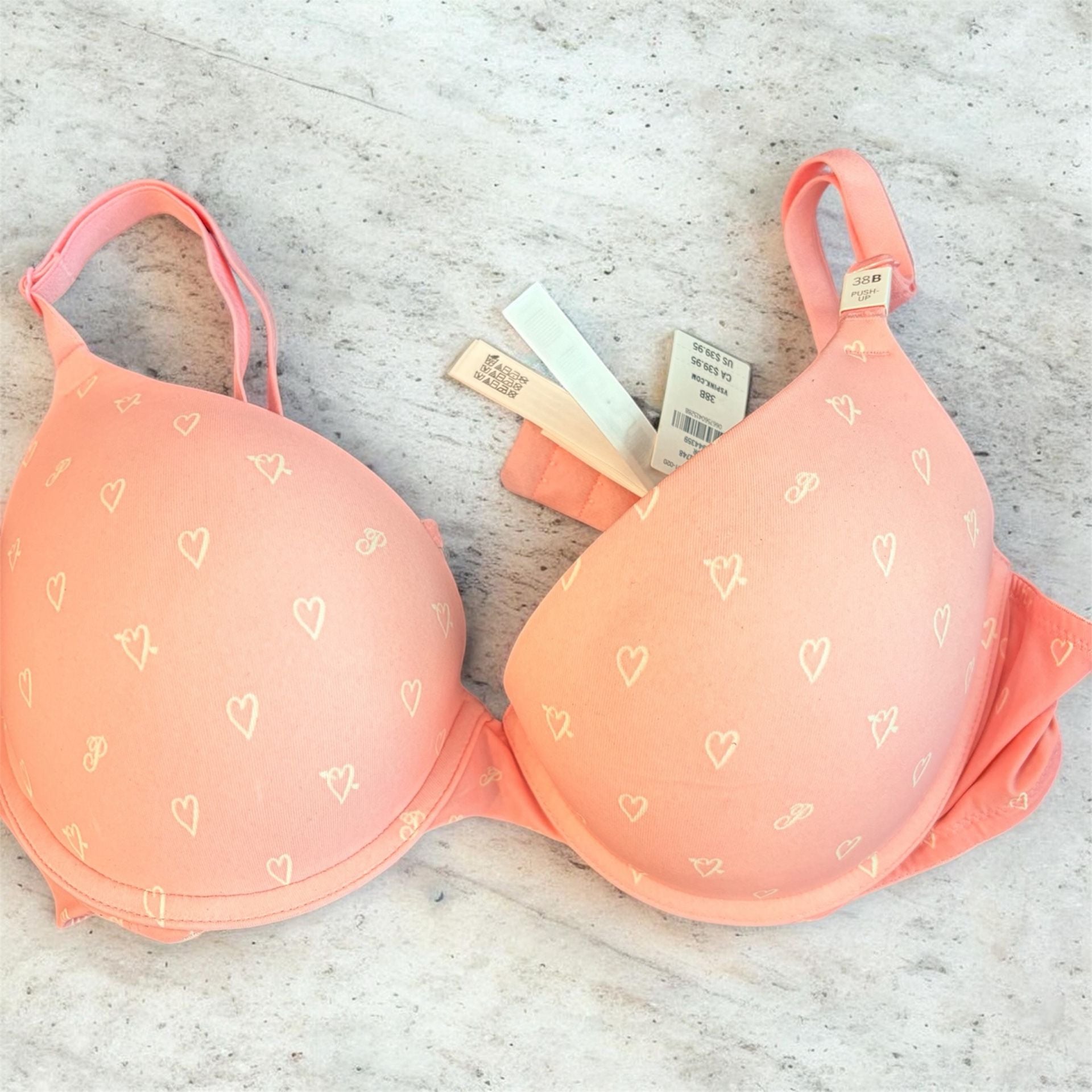 Victoria's Secret PINK Wear Everywhere Super Push-Up Bra Peach Heart Print 38B 1