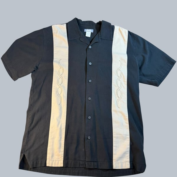Utility VNTG Embroidered Panel Bowling Shirt Short Sleeve Black Tan Men's Size M