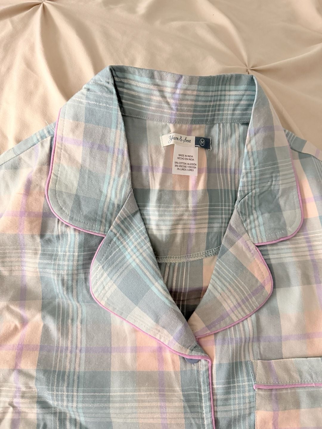 Yarn & Sea Pastel Blue and Pink Plaid PJ Set with Metallic Lurex Detail 1