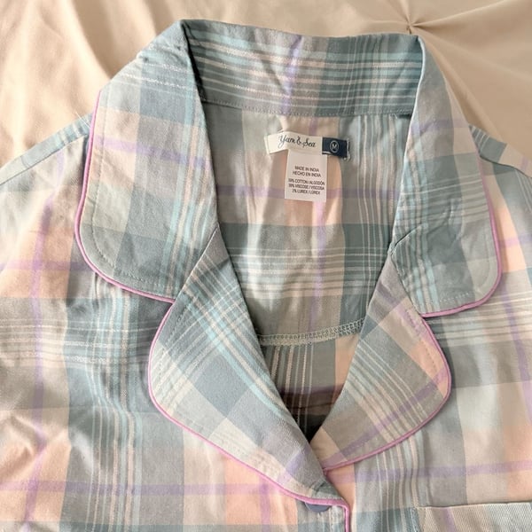 Yarn & Sea Pastel Blue and Pink Plaid PJ Set with Metallic Lurex Detail