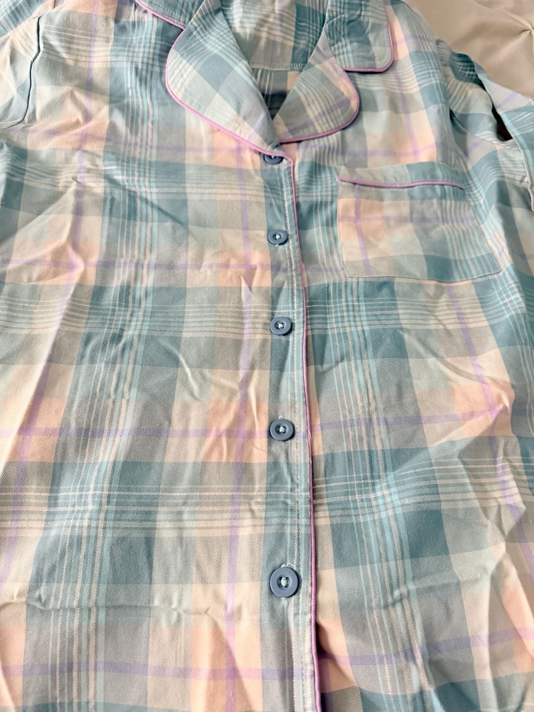 Yarn & Sea Pastel Blue and Pink Plaid PJ Set with Metallic Lurex Detail 4