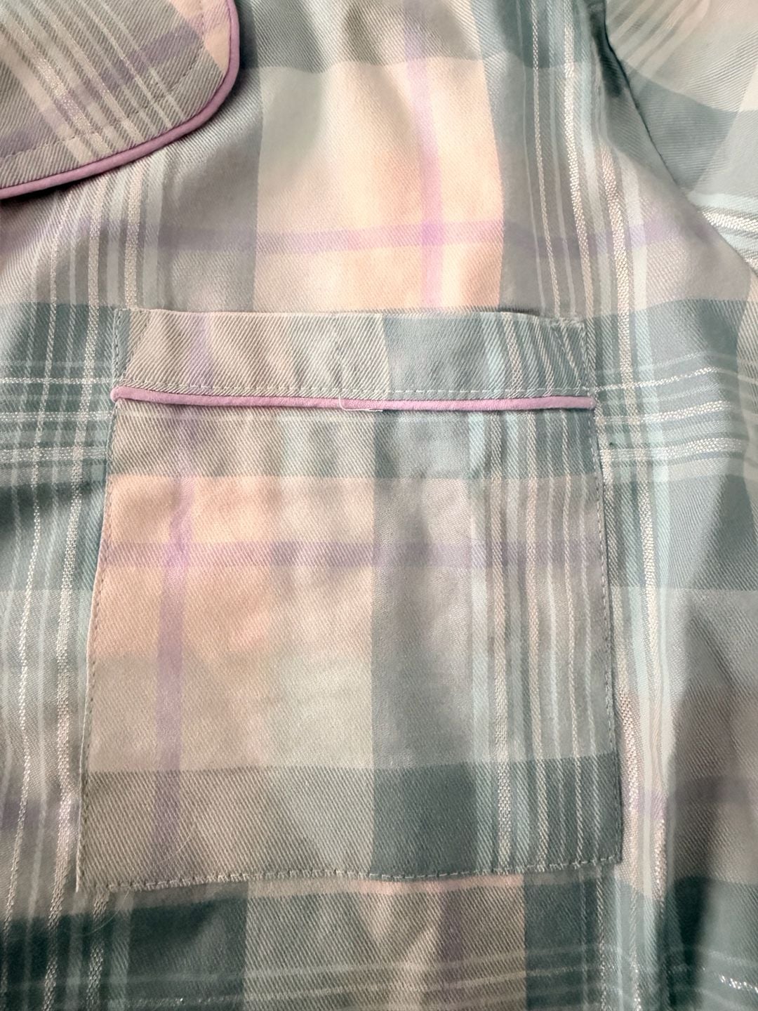 Yarn & Sea Pastel Blue and Pink Plaid PJ Set with Metallic Lurex Detail 8