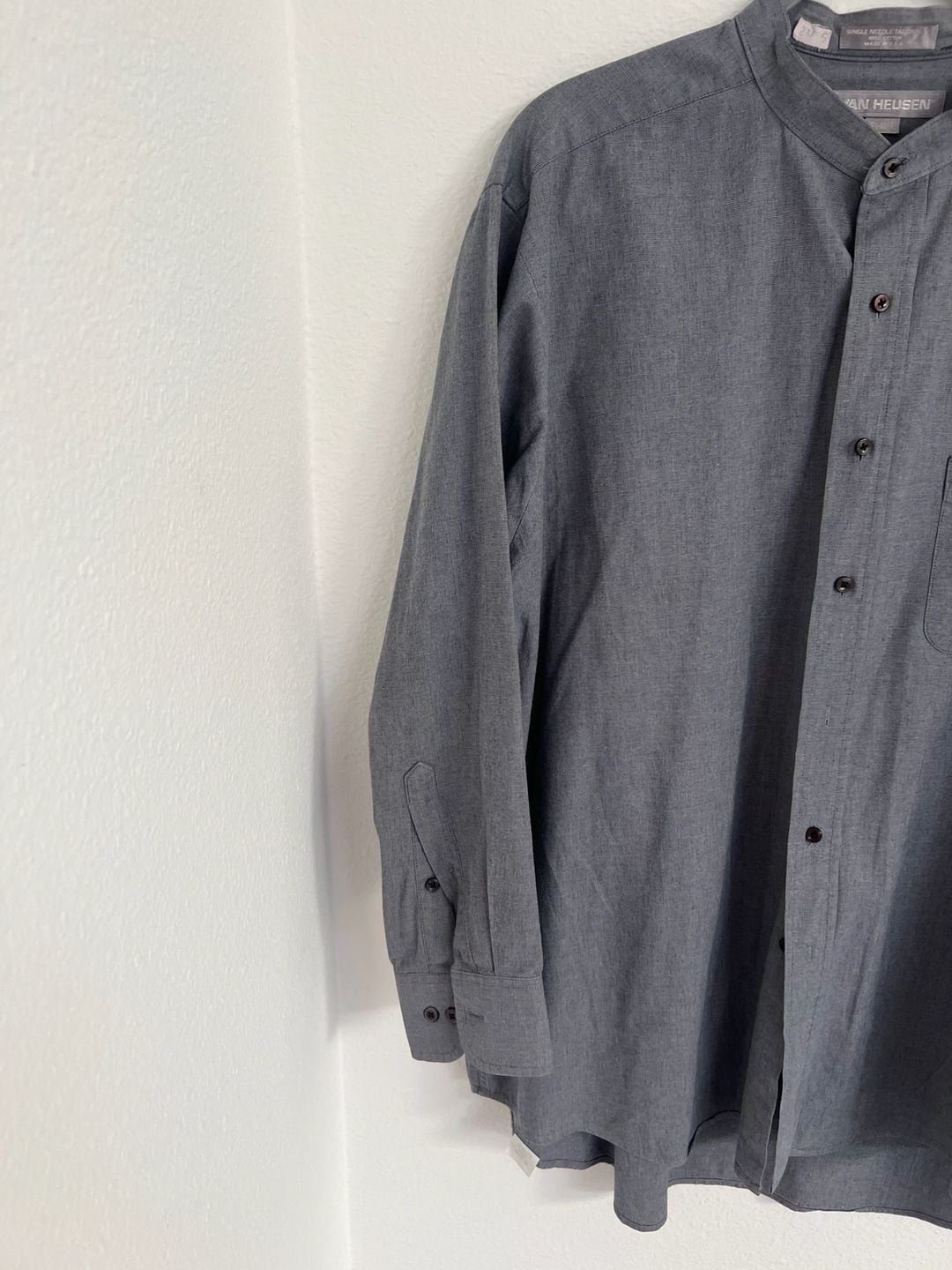 Van Heusen Men's Grey Mandarin Collar Long Sleeve Button Down Shirt 7