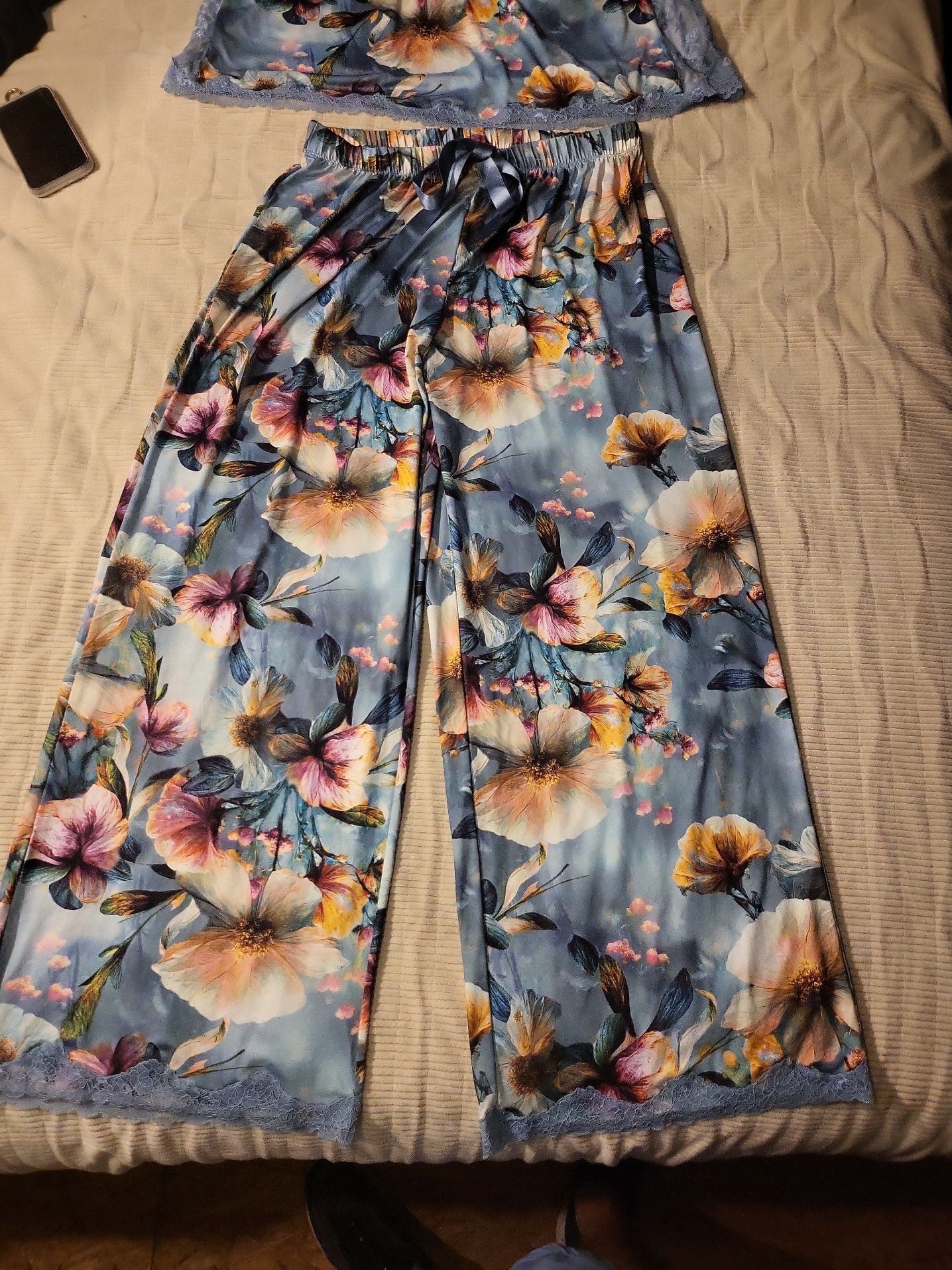 Cacique Floral Print Satin Pajama Set Cami and Wide Leg Pants 1