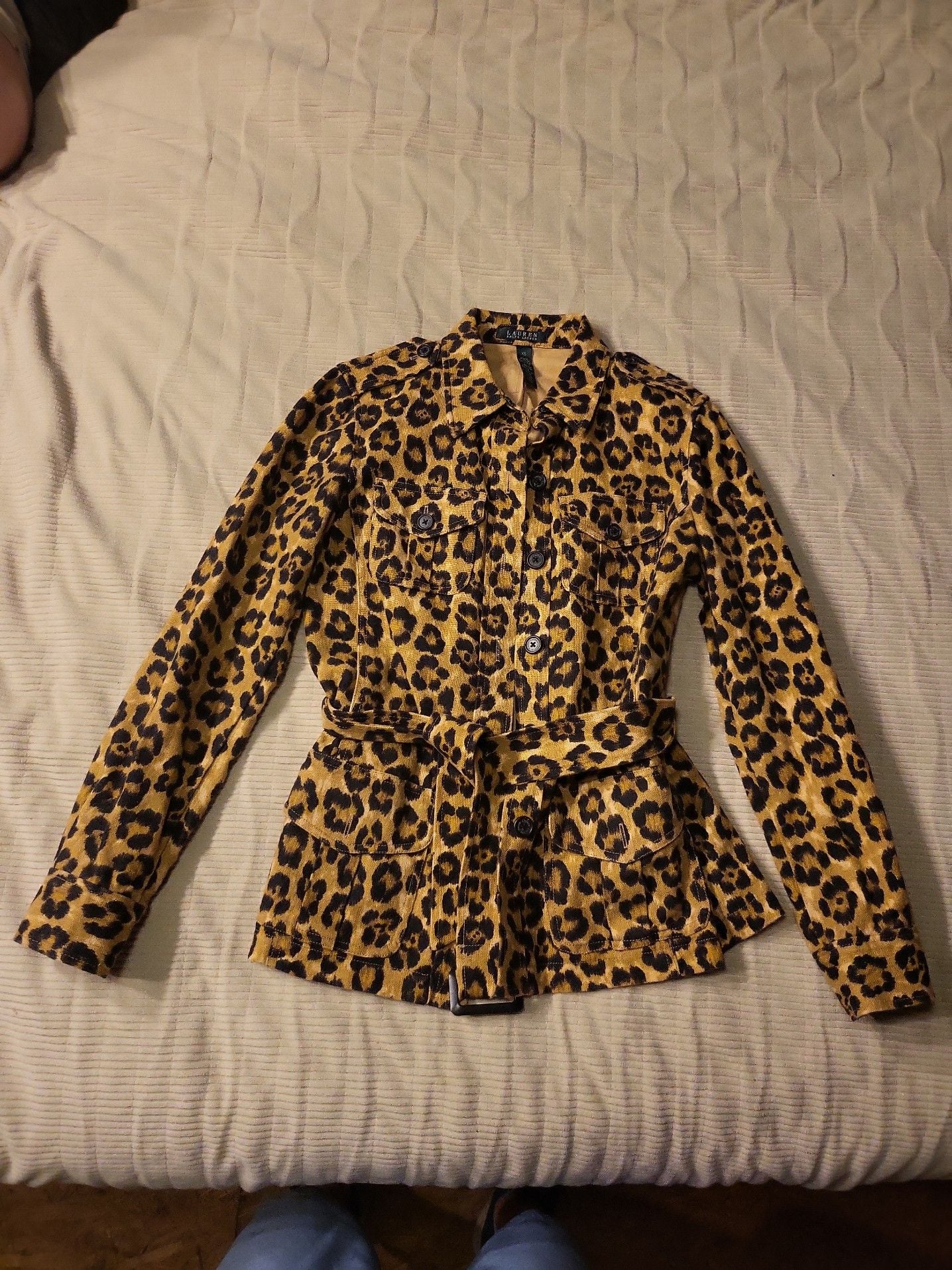 Lauren Ralph Lauren Leopard Print Belted Linen Safari Jacket XS 2