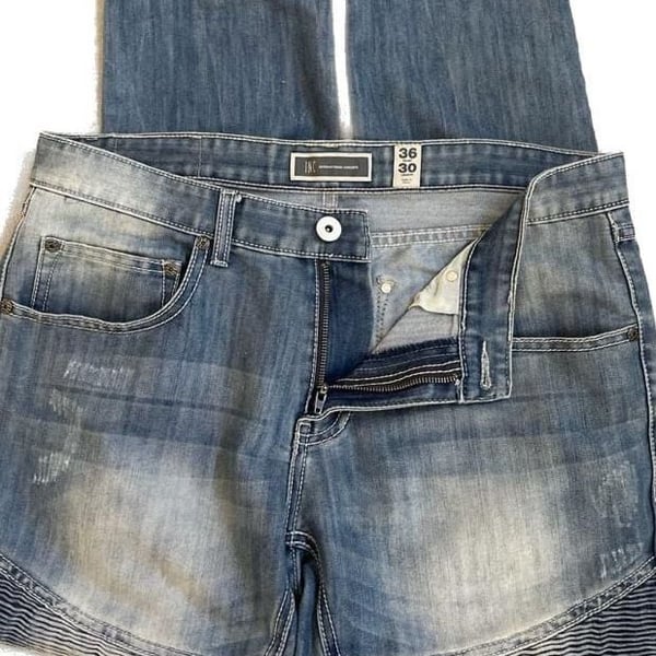 INC International Concepts Men's 36x30 Blue Distressed Biker Moto Jeans