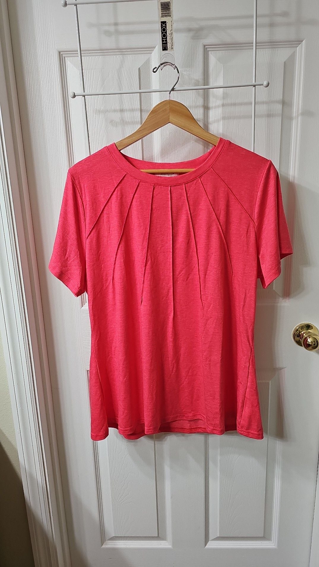 Rosvigor Women's Short Sleeve Pleated Crewneck Blouse in Coral Red 2
