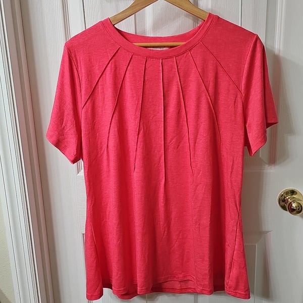 Rosvigor Women's Short Sleeve Pleated Crewneck Blouse in Coral Red