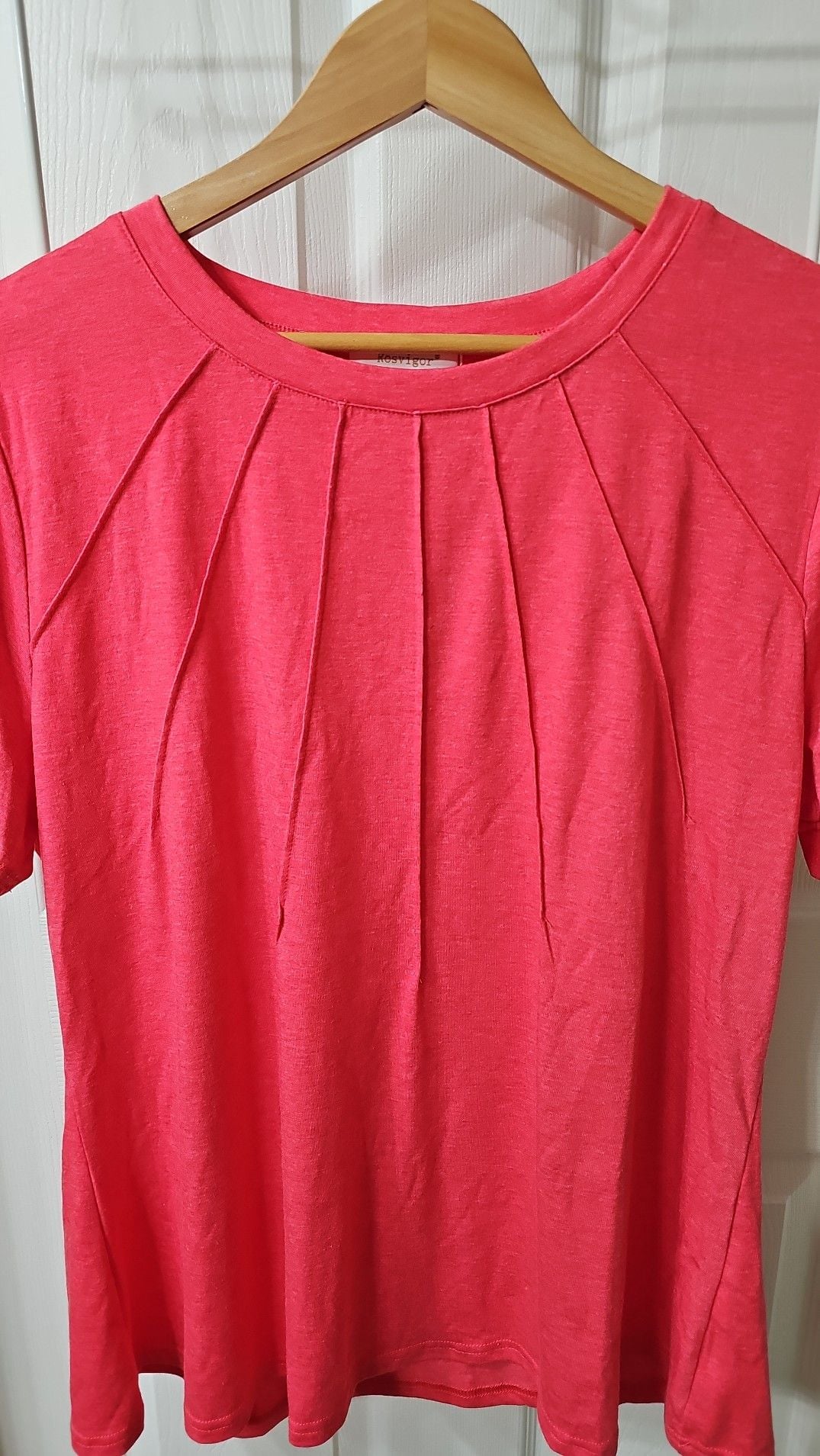 Rosvigor Women's Short Sleeve Pleated Crewneck Blouse in Coral Red 3