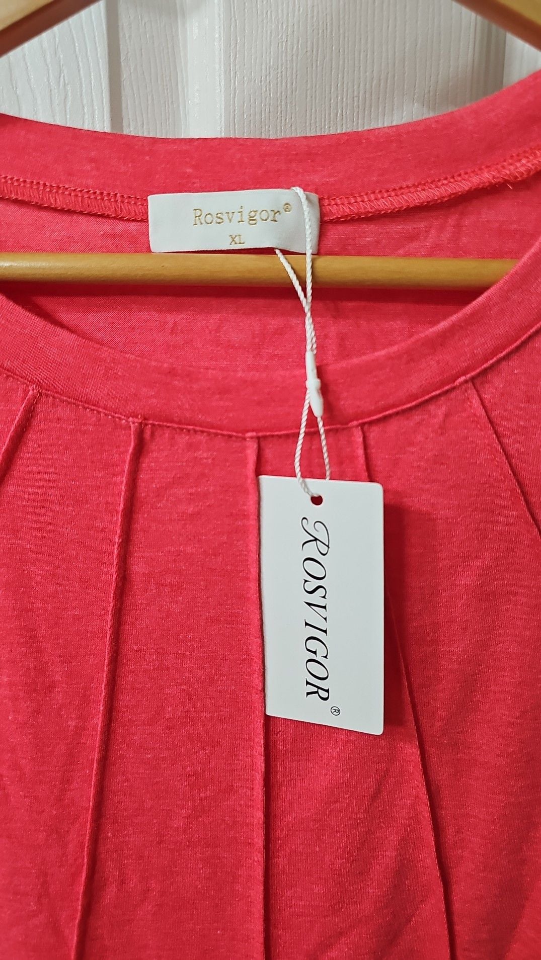 Rosvigor Women's Short Sleeve Pleated Crewneck Blouse in Coral Red 4