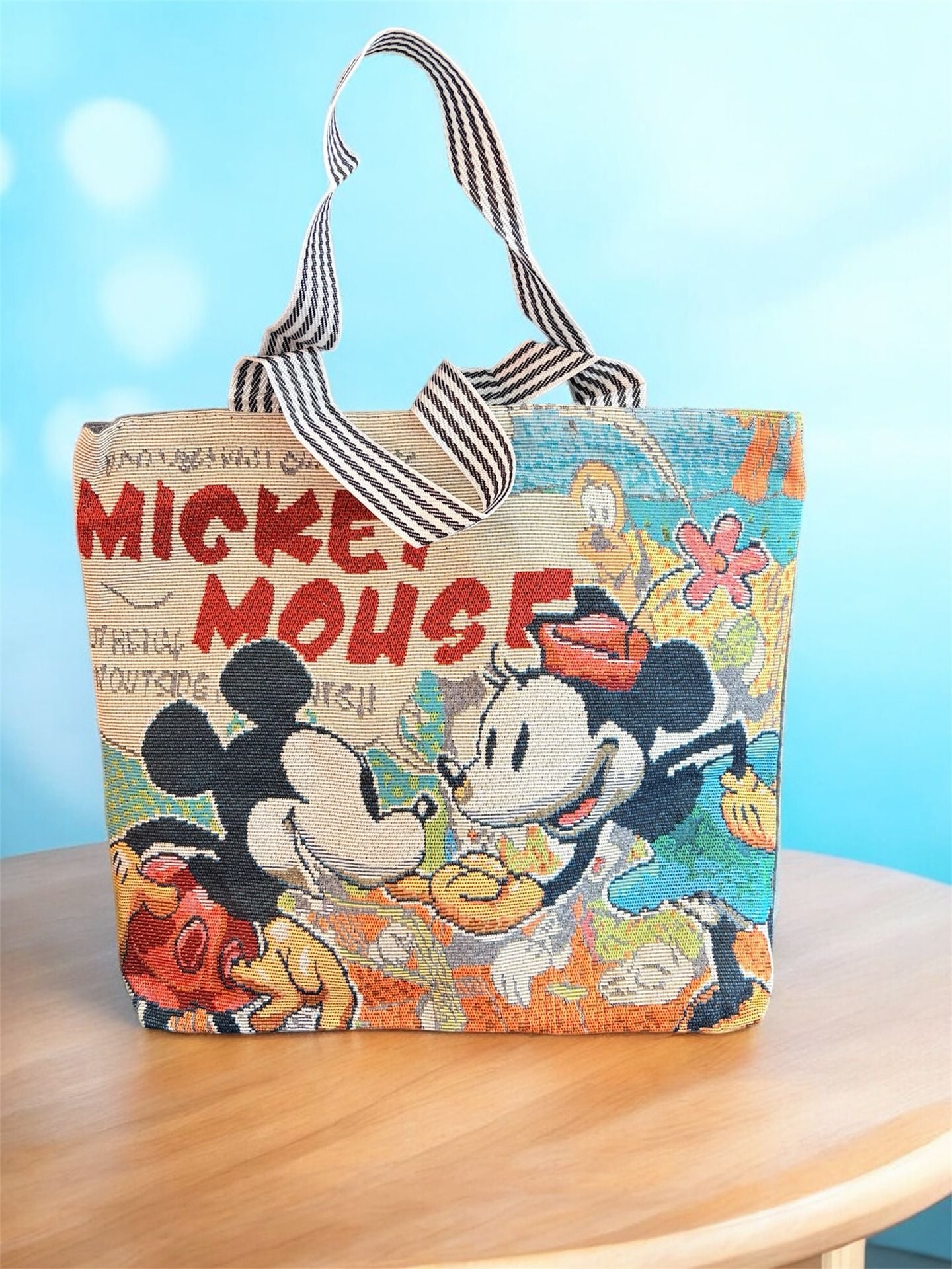 Mickey and Minnie Mouse Tapestry Print Canvas Tote Bag with Striped Handles 1