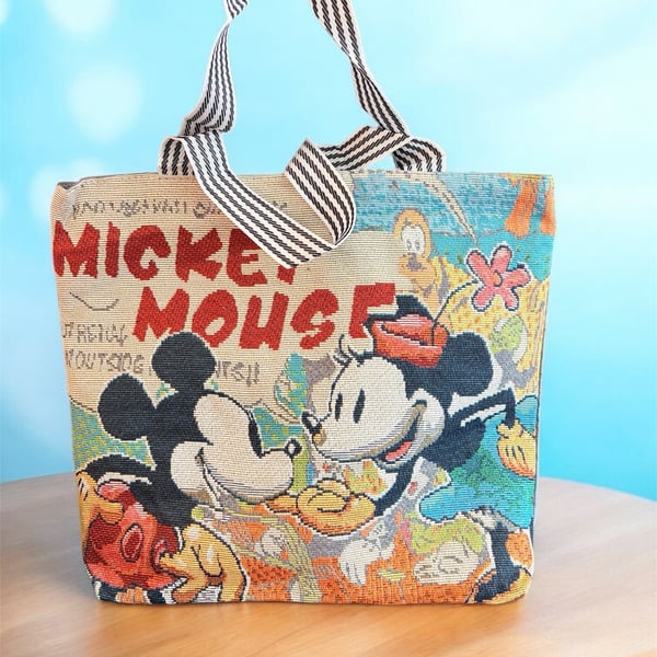 Mickey and Minnie Mouse Tapestry Print Canvas Tote Bag with Striped Handles