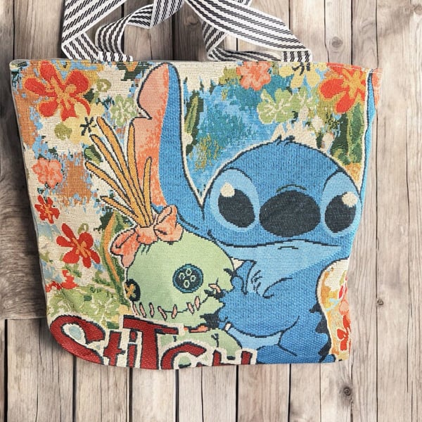 Stitch and Scrump Large Woven Tapestry Tote Bag with Striped Handles
