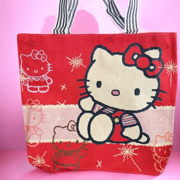 Hello Kitty Red Woven Canvas Tote Bag with Striped Handles