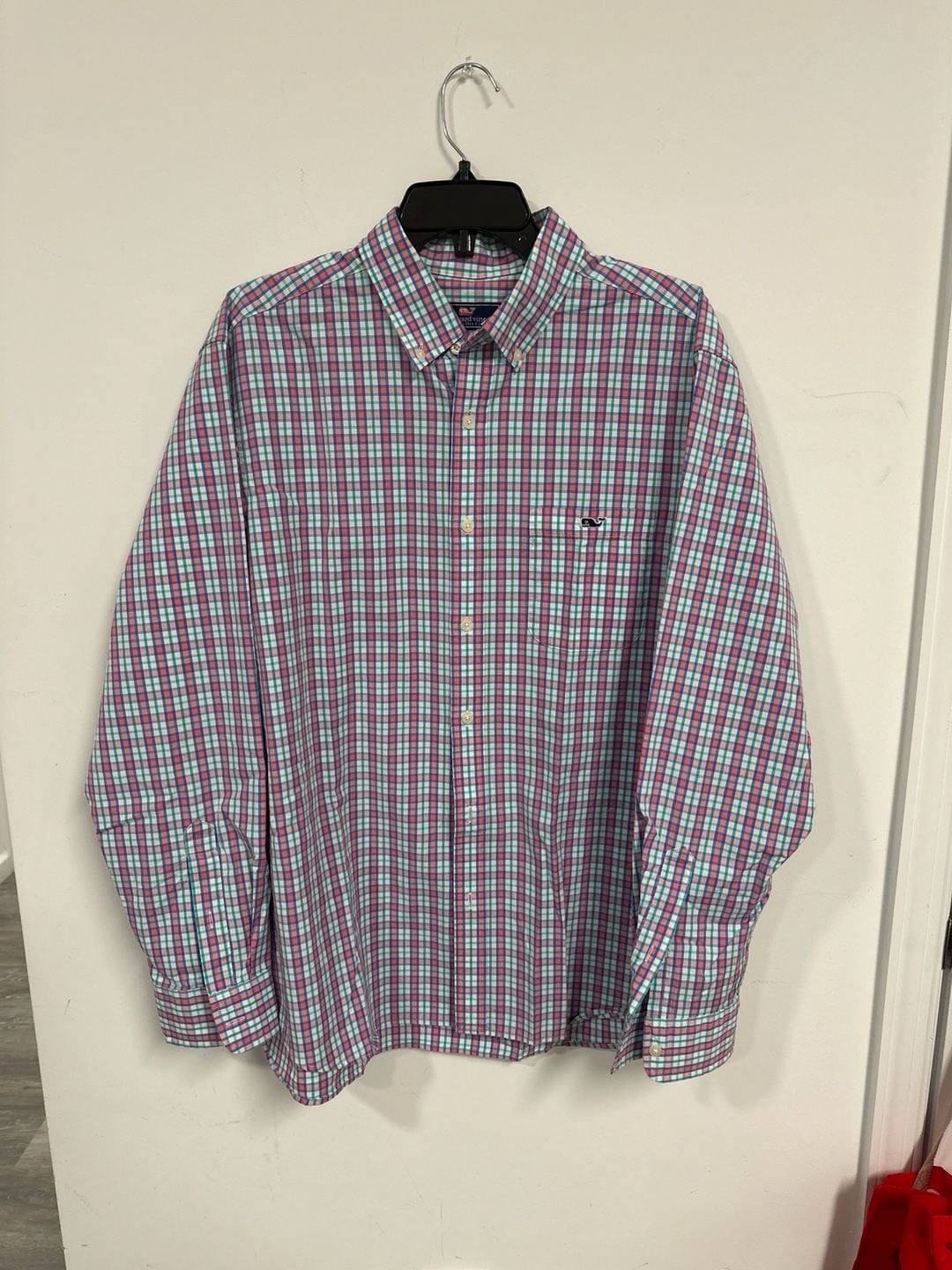 Vineyard Vines Men's Large Classic Fit Tucker Shirt Pink and Teal Plaid Long Sleeve Button Down 2