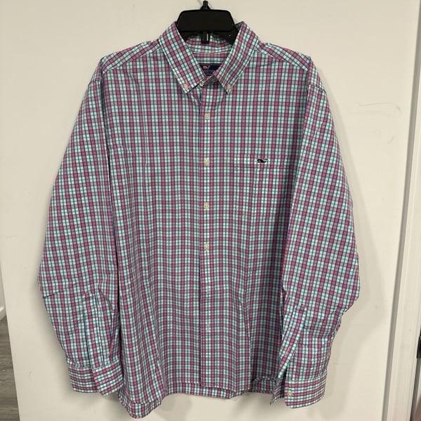 Vineyard Vines Men's Large Classic Fit Tucker Shirt Pink and Teal Plaid Long Sleeve Button Down