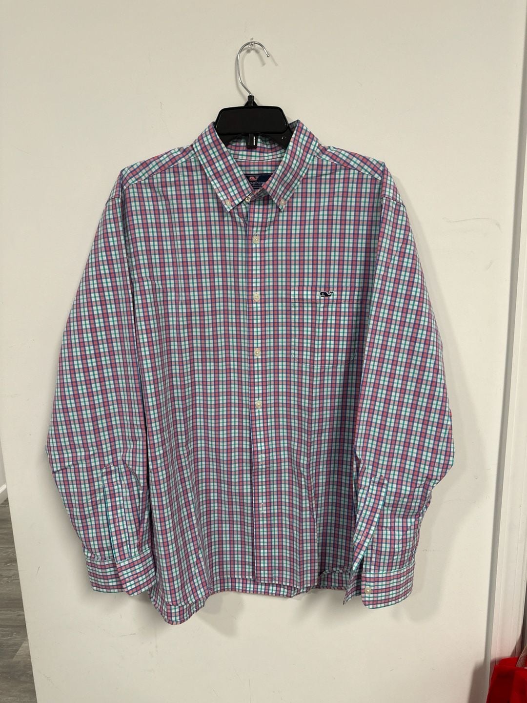 Vineyard Vines Men's Large Classic Fit Tucker Shirt Pink and Teal Plaid Long Sleeve Button Down 3