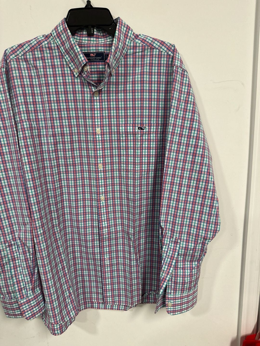 Vineyard Vines Men's Large Classic Fit Tucker Shirt Pink and Teal Plaid Long Sleeve Button Down 5