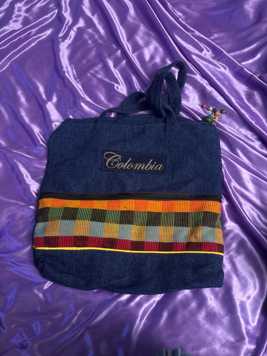 Colombian Embroidered Canvas Tote Bag with Multi-Color Woven Accent 2