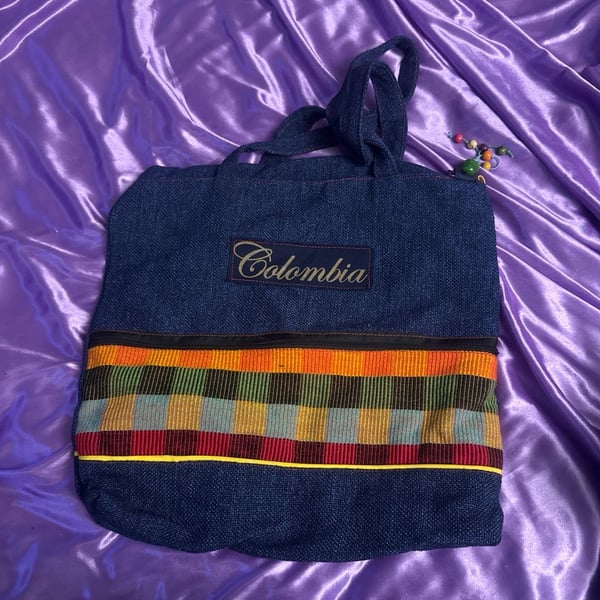  Colombian Embroidered Canvas Tote Bag with Multi-Color Woven Accent