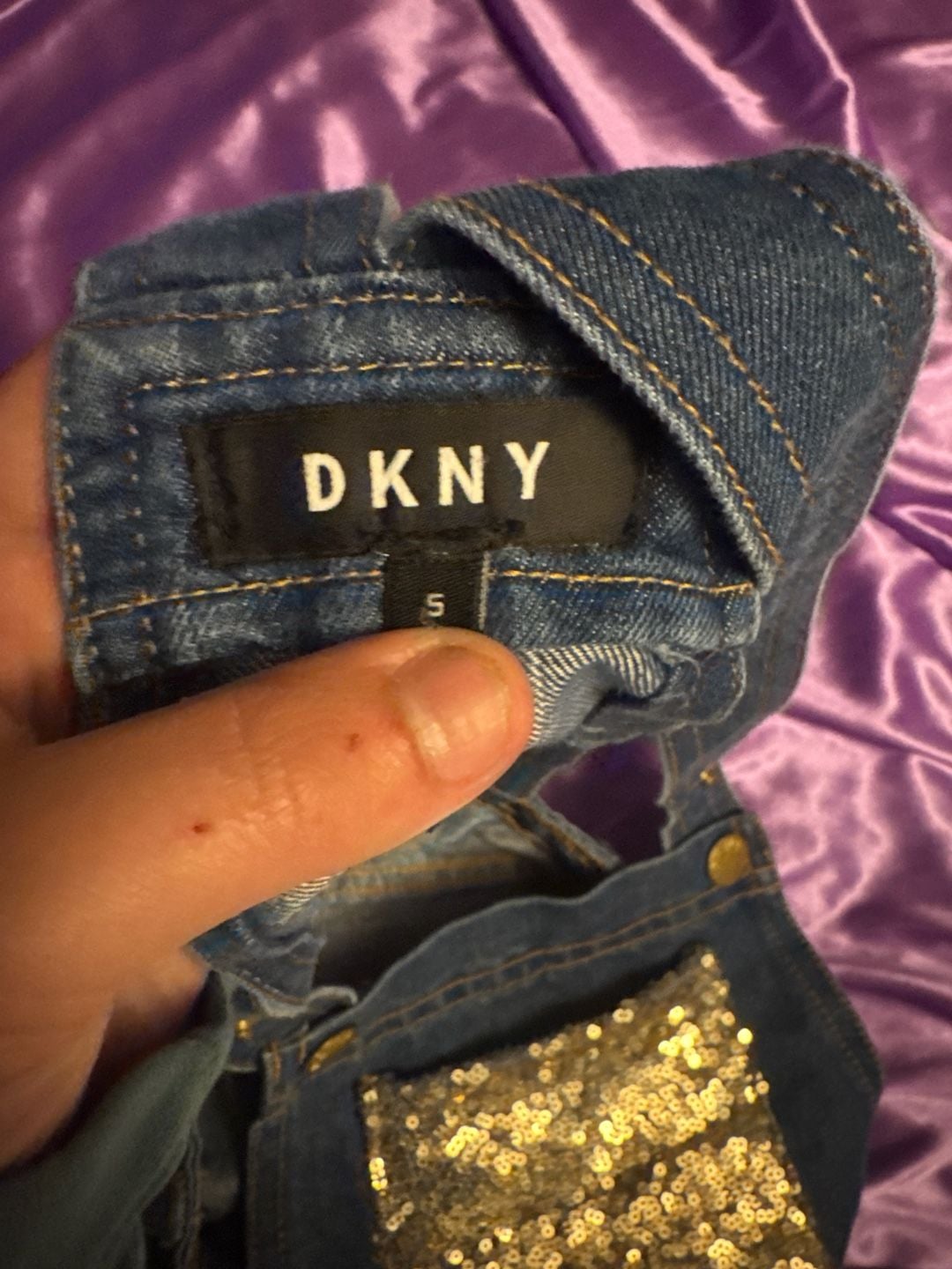 DKNY Girls Gold Sequin Denim Short Overalls Romper Size 5 7