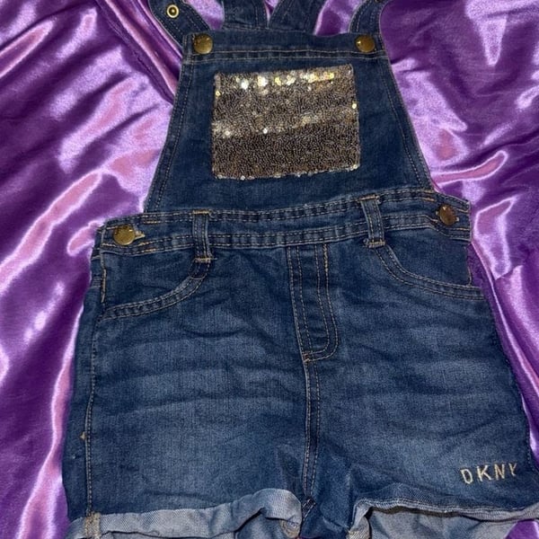 DKNY Girls Gold Sequin Denim Short Overalls Romper Size 5