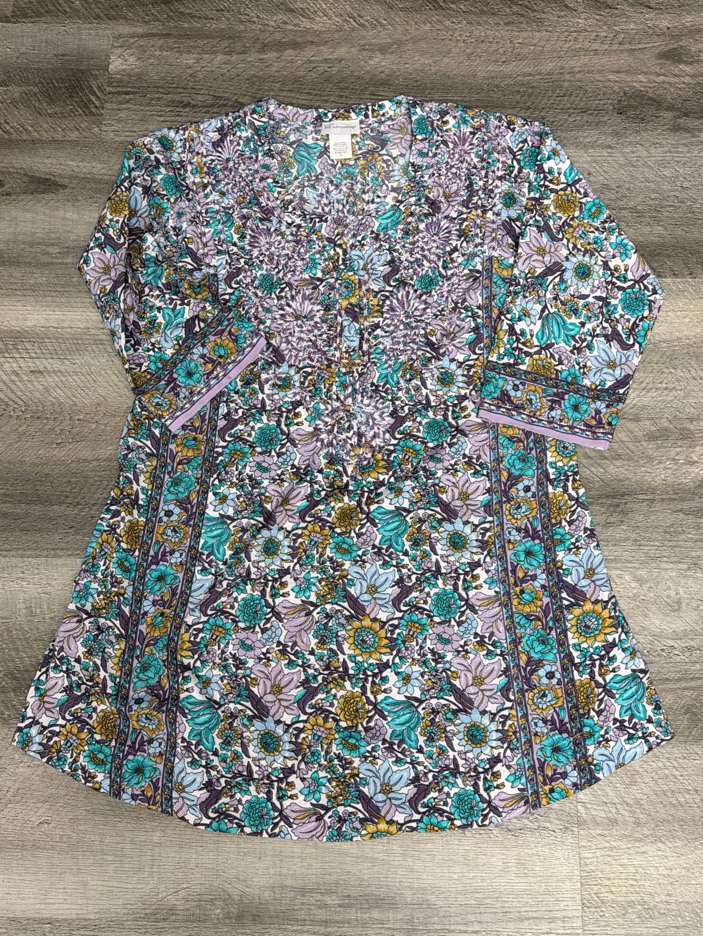 Soft Surroundings Purple and Turquoise EmbroideredFloral V-Neck Tunic Dress 2