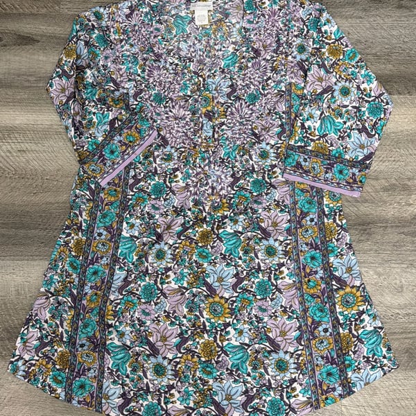 Soft Surroundings Purple and Turquoise  EmbroideredFloral V-Neck Tunic Dress