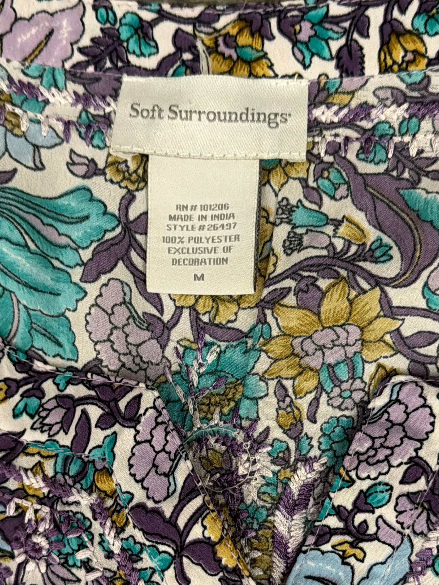 Soft Surroundings Purple and Turquoise EmbroideredFloral V-Neck Tunic Dress 5