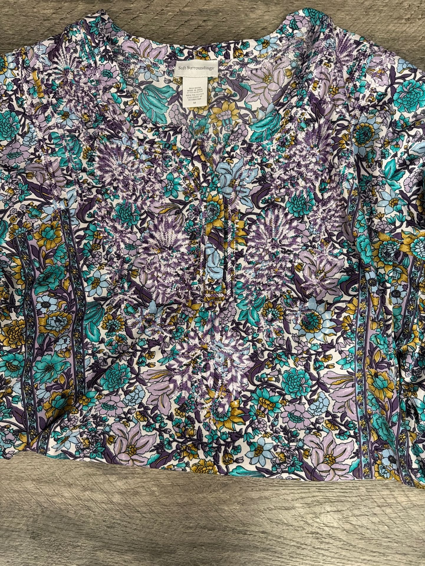 Soft Surroundings Purple and Turquoise EmbroideredFloral V-Neck Tunic Dress 6