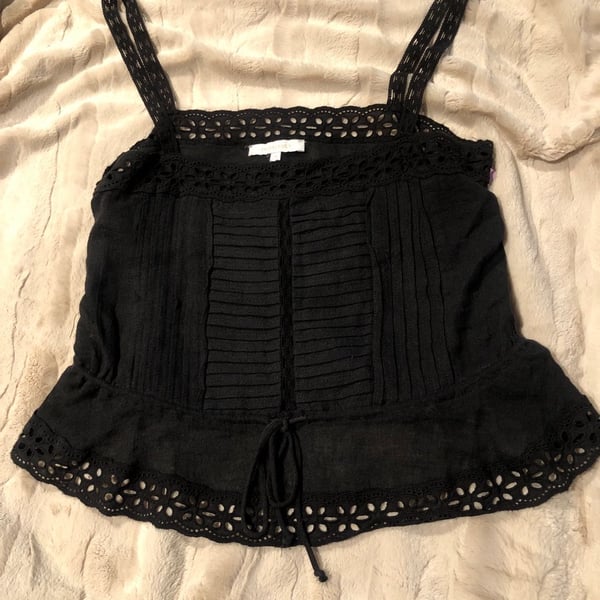 Olivaceous Black Eyelet Lace Trim Pleated Peplum Cami Tank Top