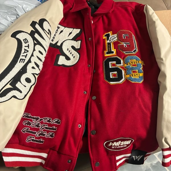 Watson Studios 'Watson State' Panther Varsity Letterman Jacket - Maroon Red/Cream