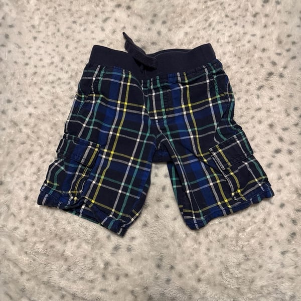 Gymboree Boys Navy Blue and Green Plaid Pull-On Cargo Shorts