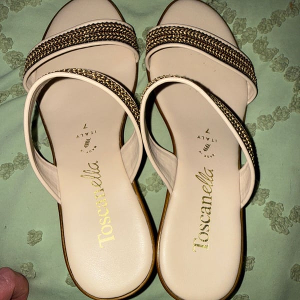 Toscanella Made in Italy Cream Double Strap Wedge Sandals with Braided Gold Accents - Size 7