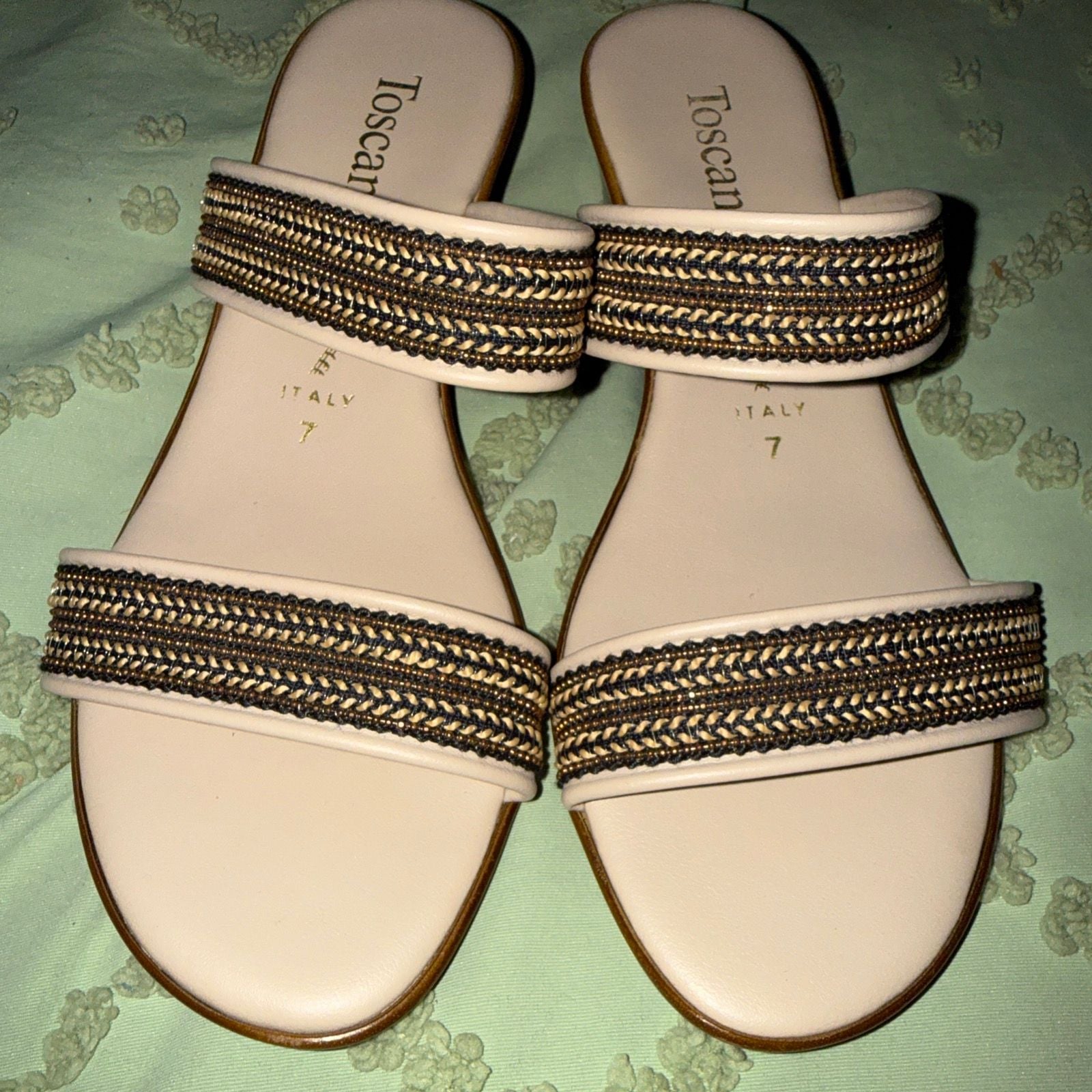 Toscanella Made in Italy Cream Double Strap Wedge Sandals with Braided Gold Accents - Size 7 3