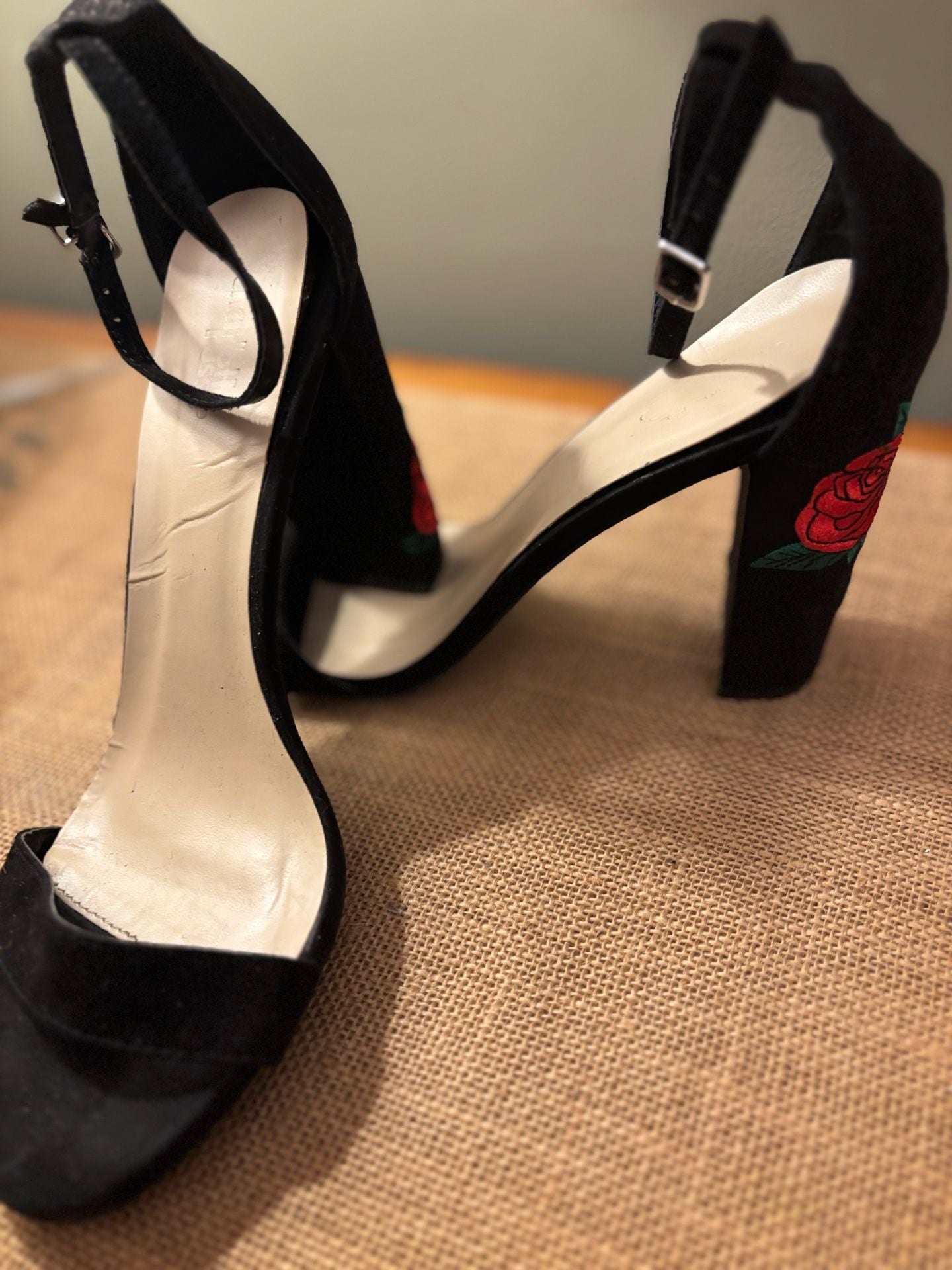 Lulus Felora Black Suede Embroidered Rose Block Heel Sandals 2