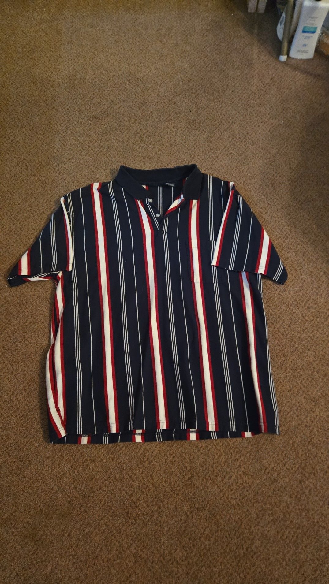 Vintage 90s Bugle Boy Signature Golf Red White and Blue Vertical Striped Polo Shirt 1