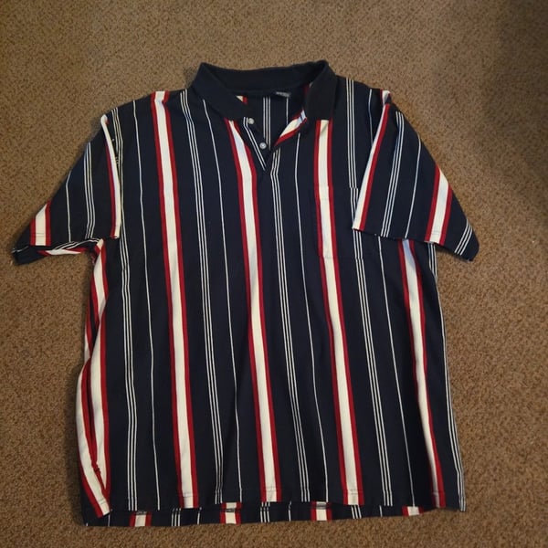 Vintage 90s Bugle Boy Signature Golf Red White and Blue Vertical Striped Polo Shirt