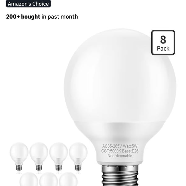 BUBO G25 LED Globe Light Bulbs, 60W Equivalent (7W), E26 Base, Non-Dimmable, 8 Pack