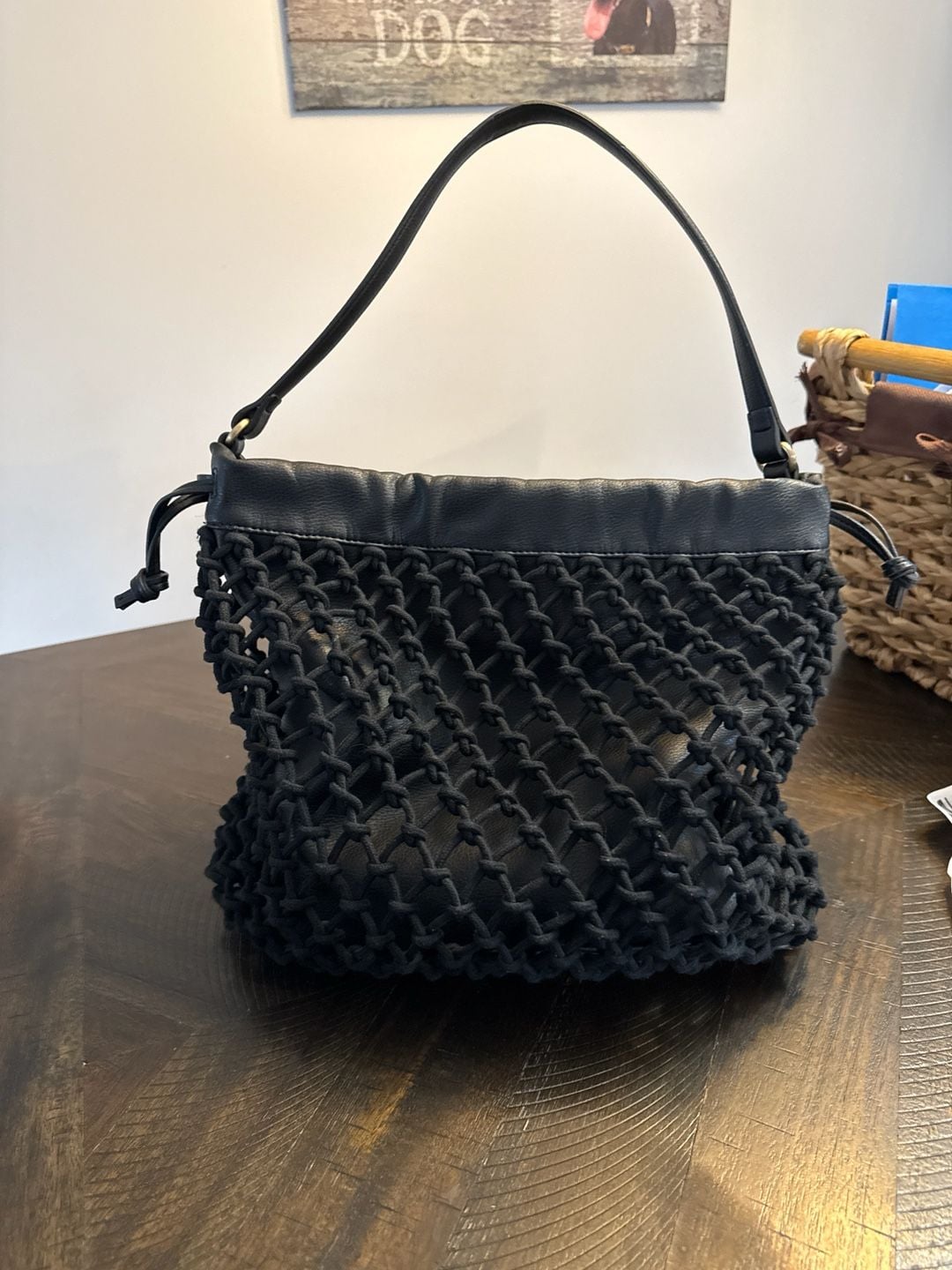 Elizabeth and James Black Leather and Rope Mesh Market Shoulder Bag 2